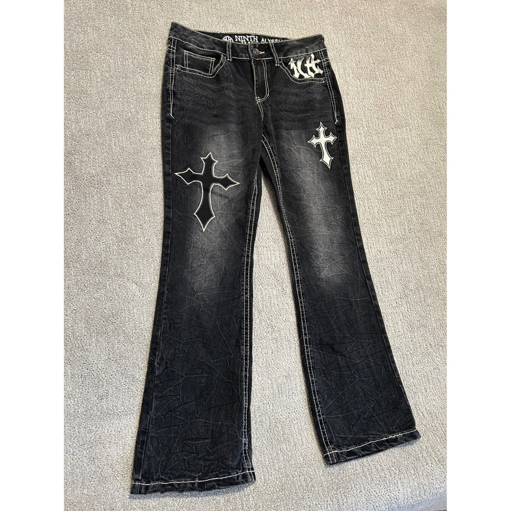 Ninth Hall Alyssia Cross‎ Applique Flare Jeans Black Contrast Stitch Y2K Size 12